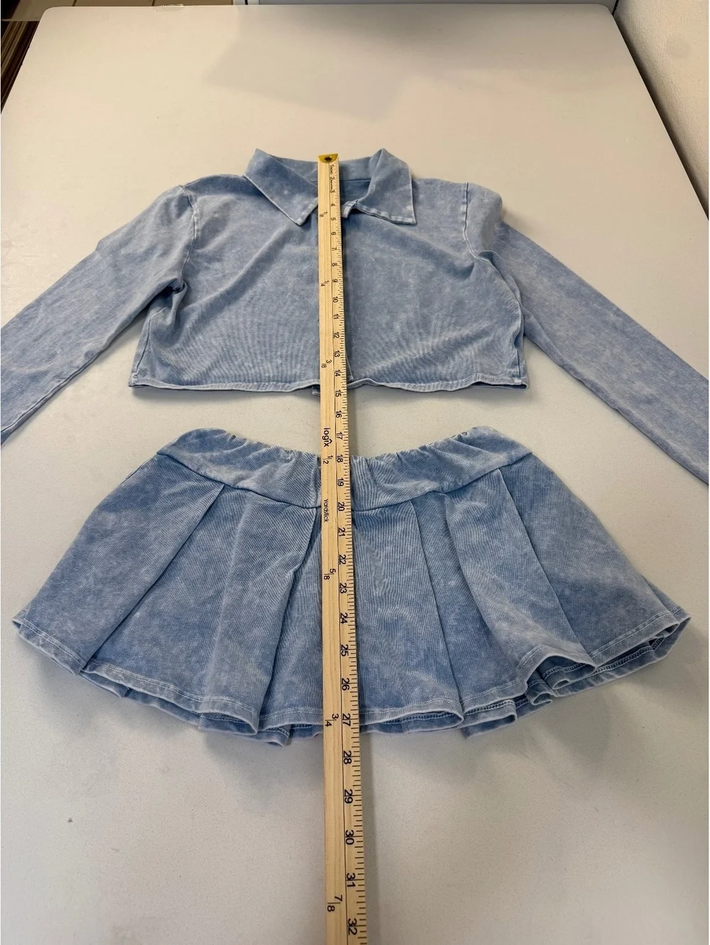Light Blue Two-Piece Corduroy Crop Jacket and Pleated Skirt Set S/M
